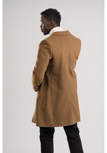 Yakalı Klasik Kesim Düğmeli Uzun Kaşe Erkek Kaban Taba