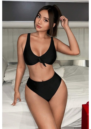Angelsin Şık Yüksek Bel Bikini Takım Çıkartılabilir Kaplı Siyah