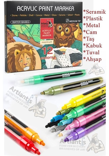 12 Renk Akrilik Markör Keçeli Kalem 1 Adet 12 Li Acrylic Marker Taş Cam Metal Seramik Plastik Tuval Ahşap 0.7-1 Cm