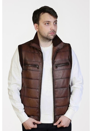 Derije Max Hakiki Deri Erkek Kahverengi Triko Detaylı Şişme Yelek