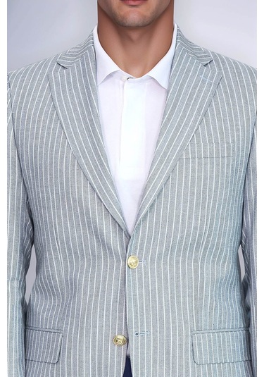 Açık Mavi Çizgili Keten Dokulu Gold Renk Metal Düğmeli Slim Fit Erkek Blazer Ceket Wessi Navy Blue
