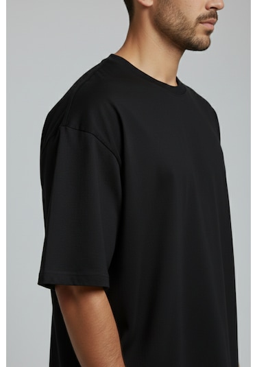 Allunique Erkek Pamuklu Oversize Bisiklet Yaka Siyah T-shirt