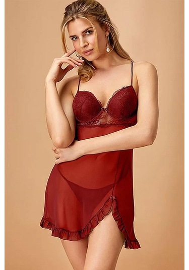 Nurteks 5736 Kadın İp Askılı Cup'lı Şifon Gecelik-kırmızı Kırmızı