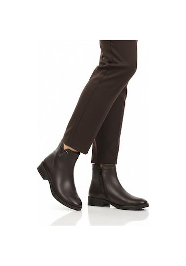 Kahve Hakiki Deri İçi Polarlı Kaymaz Kadın Bot 21893-1 Z Kahve