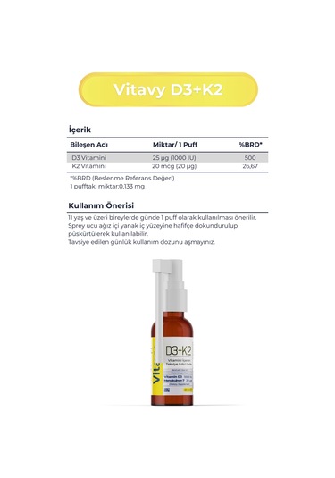 Vitavy D3K2 Vitamini Sprey 20 ML 140 Puff