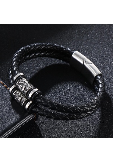 Punk Erkekler Viking Tarzı Deri Bileklik Örgülü Çok Katmanlı Paslanmaz Çelik İskandinav Rünleri Bilezikler Çift Takı Hediye Siyah