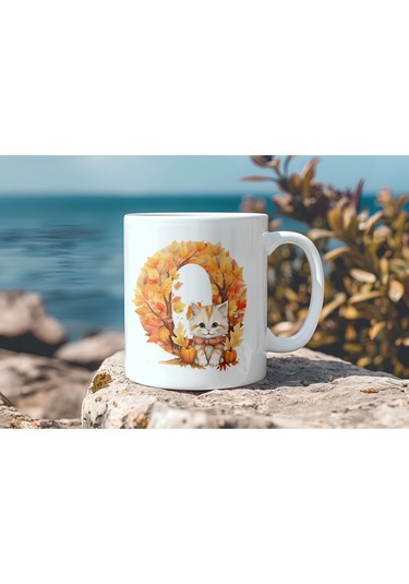 O Harf Sonbahar Yaprak Temalı Kupa Bardak - Sevimli Figürler İle Alfabe Harfli Bardak - Kişiye Özel Beyaz