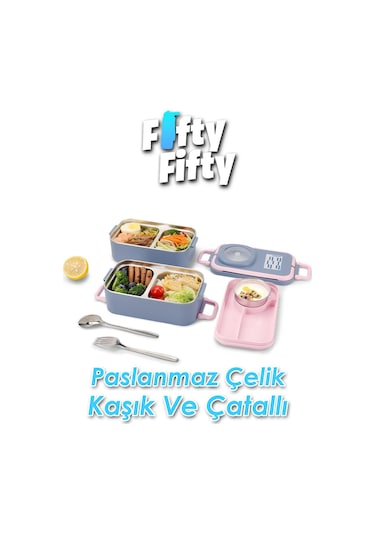 Uzspace 1200 Ml İki Kat Dört Bölme Paslanmaz Çelik Lunch Box Yeni Nesil Sefer Tası-sos Kaseli Model-fflbox8023 Pembe