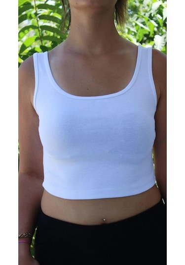 Afri Kadın Beyaz Basic Ribana Atlet Crop Likralı Spor Üst Beyaz