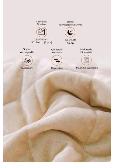 Evlen Home Kapitone Kadife Yatak Örtüsü Seti Çift Kişilik Supersoft 3 Parça Yumuşak Elyaf Dolgulu Bej Bej