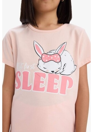 DeFacto   Kız Çocuk Pijama Takımı Baskılı Kısa Kollu Üst Esnek Belli Şort E6227A825HSPN212 Pembe
