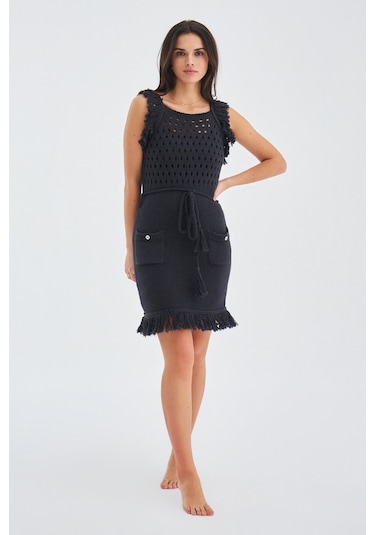 Peraluna Mıyokı Dress %100 Pamuk Diz Hizası Yazlık Kadın Triko El Antrasit