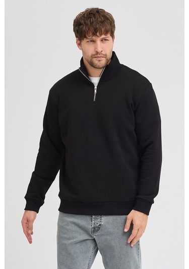 Unisex Regular Fit Rahat Kesim Pamuklu Içi Polarlı Yarım Fermuarlı Siyah Dik Yaka Sweatshirt Siyah