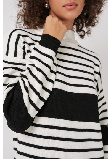 Bigdart 15898 Çizgili Uzun Triko Elbise - D. Siyah