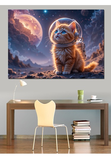 Uzayda Yavru Kedi Dekoratif Kanvas - Mdf Ahşap Tablo