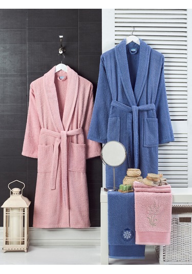 Unisex 4'lü Bornoz Set Nakışlı Baş Havlulu Çeyiz Seti Hamam Seti Pudra - Mavi