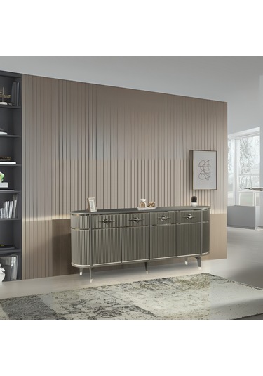 Maya Antrasit Gümüş Lüks Konsol 4 Kapaklı Şerit Detaylı Metal Ayaklı Tasarım 180x45x84 Cm Antrasit - Gümüş