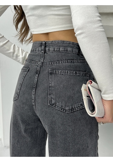 Kadın Bıyıklı Kar Yıkama Bol Paça Kot Pantolon Siyah