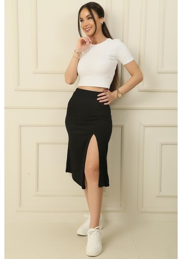 Beli Lastikli Önü Yırtmaçlı Gofre Uzun Etek-36083-siyah Siyah