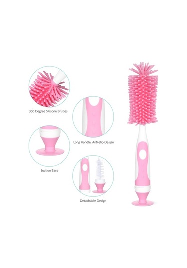 Flybuy 360 Derece Yumuşak Kıllı Silikon Biberon Fırçası - Uzun Saplı Bebek Şişe Temizleyici - Yeşil/pembe/mavi