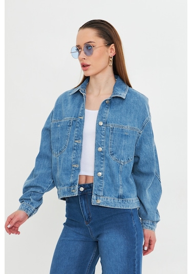 Mavi Yıkamalı Oversize Denim / Kot Ceket Orta Mavi