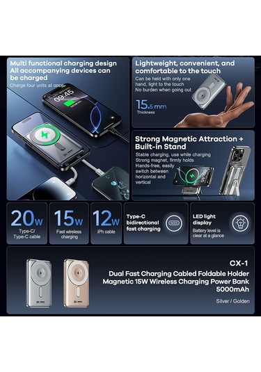 Remax Cx-1 5000mah Güç Bankası Kabloları Katlanabilir Standlı 15w Kablosuz Telefon Şarj Cihazı Altın