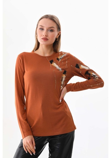Sistas Kadın Desenli Bisiklet Yaka Uzun Kol Bluz 23598 Camel