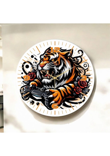 Renkli Baskı Karikatürize Gamer Kaplan Desenli Sayılı Hediyelik Ahşap Sessiz Duvar Saati 50cm ÇOk Renkli