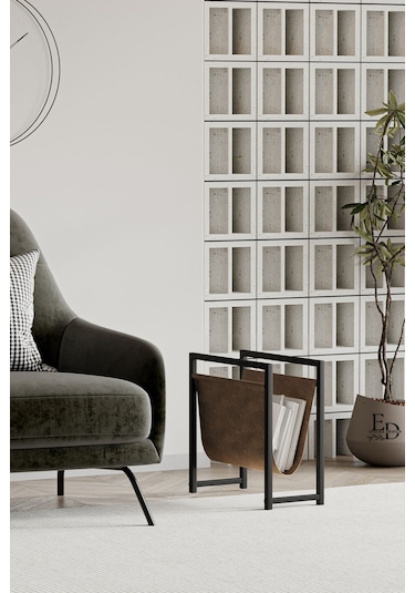 Coral Koltuk Yanı Dergilik , Gazetelik , Kitaplık, Siyah Metal - Kahverengi Deri