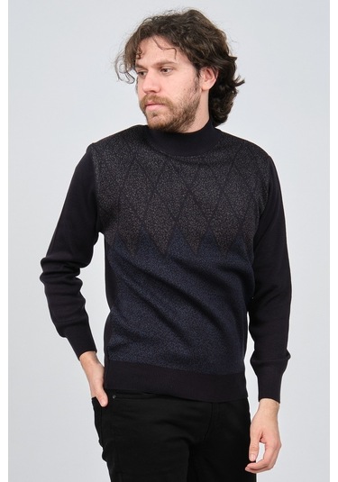 Ateş Triko Erkek Yarım Balıkçı Yaka Desenli Kazak 6091804 Laciver Lacivert