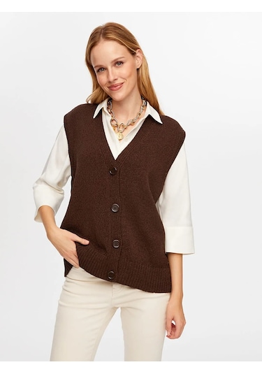 Faik Sönmez Yanları Kontrast Şerit Detaylı Pamuk Kadın Triko Yelek W26trh012 Kahve