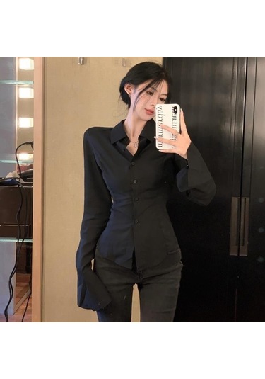 Kadın Seksi Bel Büzgülü Gömlek Bol Uzun Kollu Bayan Düz Renk Gömlekler Üst Düzey Slim Fit Şık Askılı Bluzlar Siyah