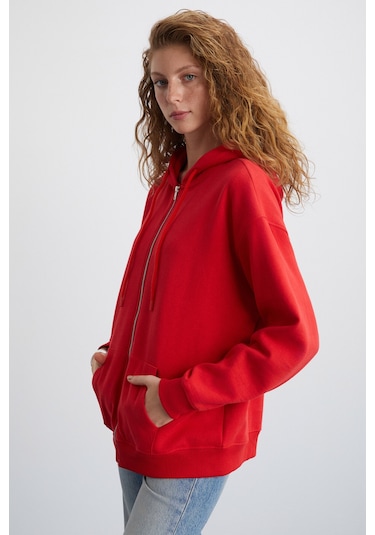 Alena Kadın Oversize Organik Pamuklu Metal Fermuarlı Kapüşonlu İçi Polarlı Kırmızı Sweatshirt