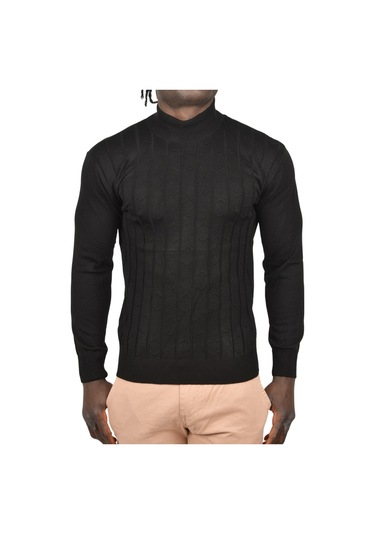 Deepsea Erkek Siyah Çizgi Desenli Tüylenme Yapmayan Yarım Balıkçı Yaka Triko Kazak 2505501 Siyah