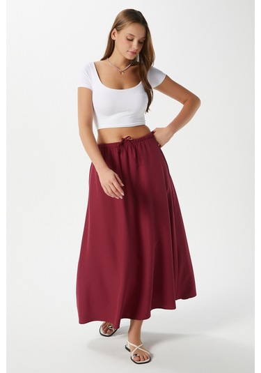 Kadın Seaside Bordo Astarlı Bel Lastikli Cepli Dokuma Uzun Etek Bordo