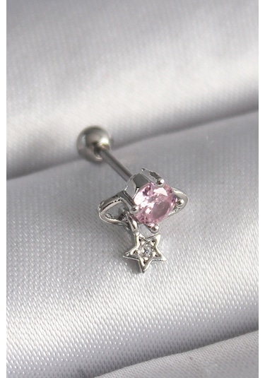 316l Çelik Gümüş Renk Pembe Zirkon Taşlı Sallantı Yıldız Detay Tr