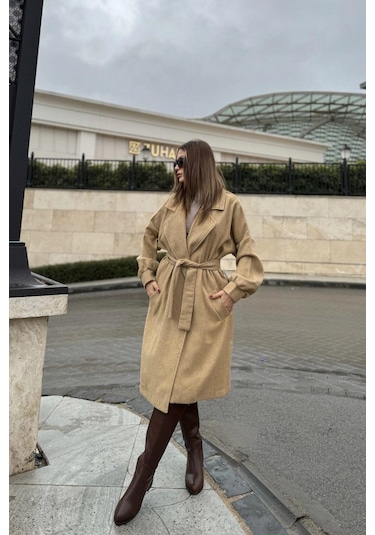 Kadın Vizon Balon Kol Beli Kemerli Midi Kaşe Kaban Astarsız Sütlü Kahverengi