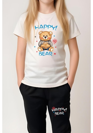 Fyk Kids Kız Çocuk Baskılı Happy Bear Bel Detayı Lastikli Alt-üst Pijama Takımı KREM Krem