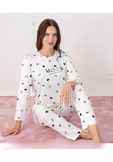 Pijamoni Kadın Milan Bisiklet Yaka Uzun Kol İnce Pijama Takımı 7600/42 - 1 Adet Beyaz