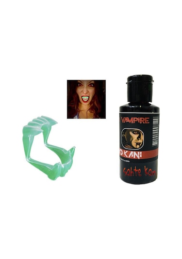 Fosforlu Çift Damak Takma Vampir Dişi Ve 50 Gr Tiyatro Kanı Set