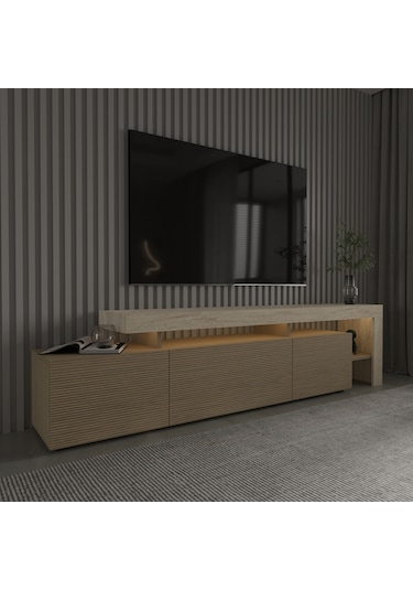 Beliz Modern Led Işıklı 3 Kapaklı, Raflı Tv Sehpası 192 Cm Traverten/sıcak Meşe