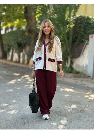 Kadın Uzun Kollu Ribanali Cep Detay Hırka Ve Bol Paça Pantolon Ikili Takım Bordo