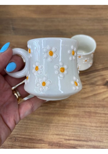 Papatya Desenli El Yapımı Seramik Kupa, Mug, Türk Kahvesi