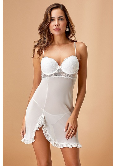 Nurteks 5736 Kadın İp Askılı Cup'lı Şifon Gecelik-ekru Ekru