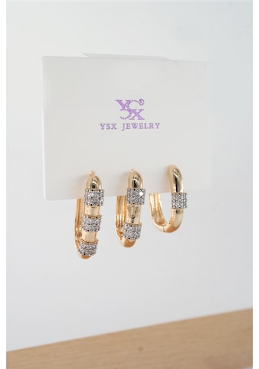 Kadın Vip Seri Antialerjik Baget Zirkon Taşlı Rodajlı 2 Renk 3'lü Küpe-5169 Altın Kadın Vip Seri Antialerjik Baget Zirkon Taşlı Rodajlı 2 Renk 3'lü Küpe-5169 Altın