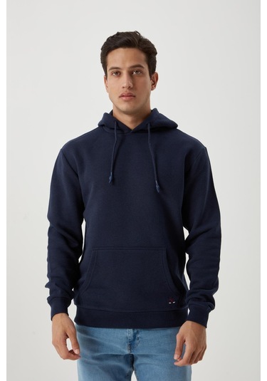 Erkek Kapüşonlu Kanguru Cep 3 İplik Sweatshirt Lacivert