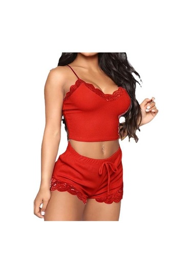 Kırmızı Kadın Gecelik Seti Kırpma Üst Nefes Bel-açık Kolsuz Bayan Gece Giysileri Uyku İçin Kırmızı