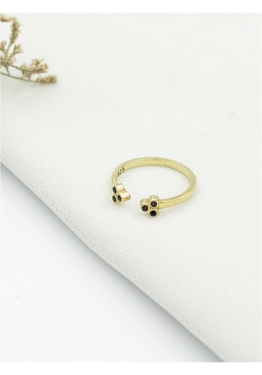 Brezza Lusso Jewelry Minimal Siyah Taşlı Eklem Gümüş Yüzük Altın