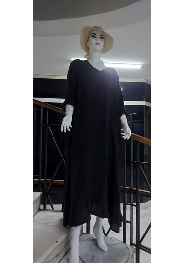 İtalyan V Yaka Uzun Kol Keten Elbise-8907 Antrasit