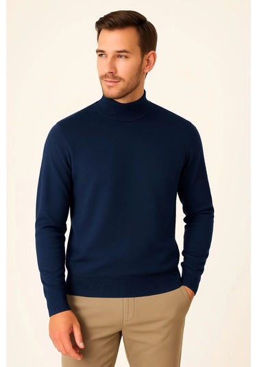 Erkek Yarım Boğaz Triko Kazak Yumuşak Dokulu Pamuklu İnce Dokuma, Uzun Kollu Rahat Regular Kalıp - Lacivert Siyah